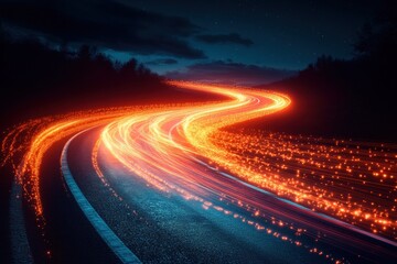 Poster - Long exposure photograph of bright light streaks on a dark road at night creating dynamic motion effects