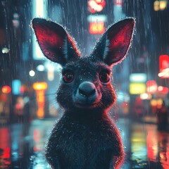Poster - Heartwarming portrayal of a 3D Kangaroo with red markings on a glossy surface its red eyes reflecting curiosity and framed by long whiskers set against a softly raining blurred city backdrop