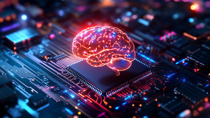 Poster - Futuristic digital brain illuminated in vibrant colors resting on a microchip, symbolizing artificial intelligence and technology