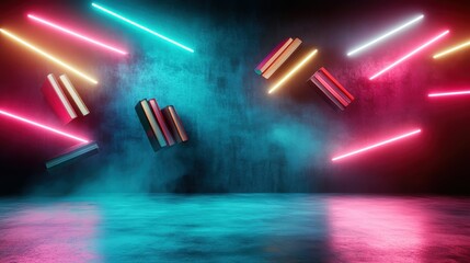 Poster - An eye-catching display of colorful books levitating in a vibrant neon-lit environment, emphasizing the joy of reading and creativity in modern aesthetics.