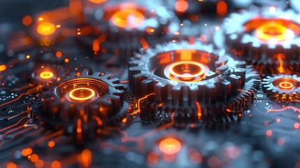 Fototapete - Gears interlock intricately against a background of glowing circuit patterns, emitting an orange light that creates a high tech ambiance often seen in modern design.
