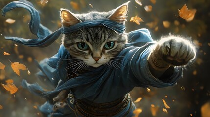 Poster - Highaction scene featuring a cat ninja midair throwing a powerful punch his blue and green outfit catching the wind His bomb backpack shakes as leaves swirl in a dramatic cinematic effect