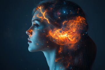 Poster - Woman with colorful nebula hair in a cosmic and artistic background with stars and galaxies