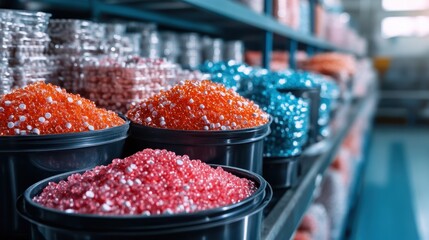 Aufkleber - This image showcases an array of vibrant beads stored in buckets, highlighting their bright colors and inviting texture, perfect for various crafting projects.