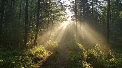 Poster - Soft beams of sunlight break through a misty forest, illuminating a serene pathway. The tranquil setting invites exploration and reflection in nature's gentle embrace