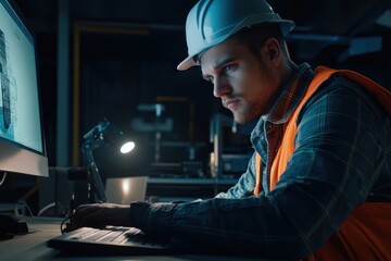 Fototapete - Engineer focused on design work at computer in construction site during evening hours