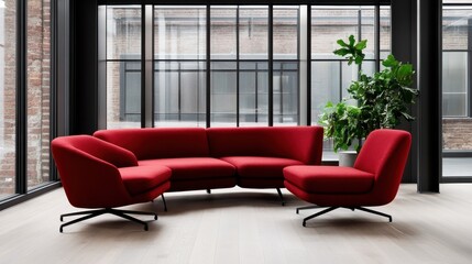 Poster - A striking red lounge seating arrangement within a modern space, highlighted by large glass windows, creating a vibrant and inviting ambiance for relaxation and social interaction.