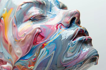 Poster - Artistic portrait of a woman with colorful mixing paints covering her face, creating a fluid painting artwork