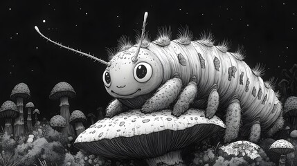 Poster - Highcontrast blackandwhite comicstyle illustration of a caterpillar with cartoonish features sitting on a mushroom utilizing expressive lines and rough textures to evoke motion and playfulness