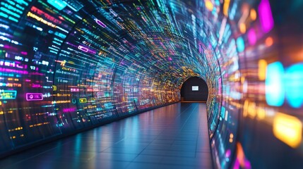 Poster - Colorful digital tunnel with vibrant patterns and light effects in futuristic design