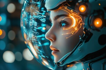 Poster - Futuristic character with glowing technology and helmet in a digital environment