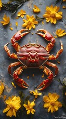 Poster - Highresolution closeup photograph featuring a vibrant red crab its intricate shell and legs highlighted under soft lighting set against a muted grey background with scattered yellow flower petals