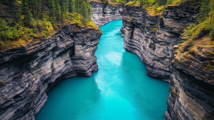 Poster - Breathtaking aerial view of the turquoise water of the yukon river winding through the steep cliffs of miles canyon, showcasing the raw beauty of the yukon territory's natural landscape