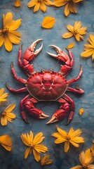 Poster - Highresolution closeup photograph featuring a vibrant red crab its intricate shell and legs highlighted under soft lighting set against a muted grey background with scattered yellow flower petals