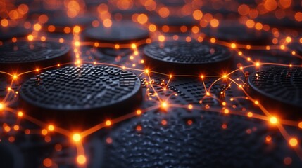 Poster - Circular objects are arranged on a surface illuminated by glowing orange connections, creating a vibrant and dynamic visual experience in a low light setting.