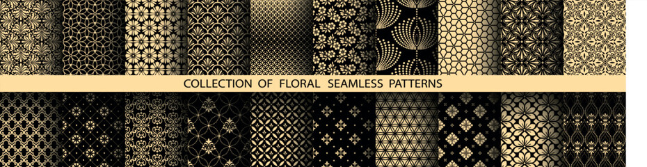 Poster - Geometric floral set of seamless patterns. Golden and black vector backgrounds. Damask graphic ornaments