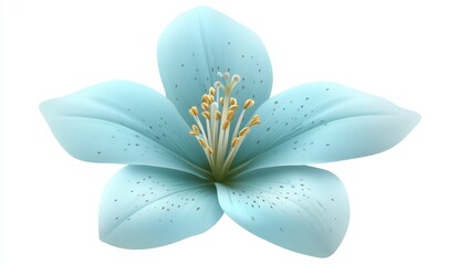 Wall Mural - Pastel blue flower with speckled petals and yellow gold stamen, isolated on white background. Soft lighting enhances delicate details