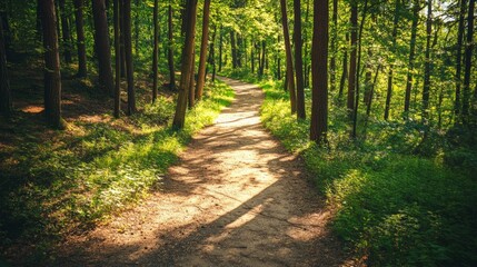 Poster - Sunlight filters through the trees, illuminating a winding dirt path that meanders through a lush green forest, creating a serene and inviting atmosphere in springtime