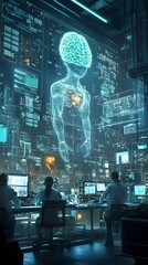 Fototapete - Hightech laboratory filled with bright screens shows data and holograms with a figure in a glowing suit connected to a brain above surrounded by busy scientists working on machines