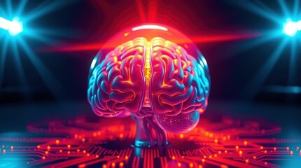Wall Mural - Brain, cyberpunk, neon lights, digital landscape, glowing, futuristic, red and blue colors, neural network, artificial intelligence