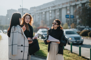 Wall Mural - Women holding papers engage in conversation on an urban street, with cars passing by. The scene depicts interaction, collaboration, and a casual yet professional environment under natural sunlight.