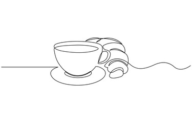 Aufkleber - Coffee cup and croissant continuous line drawing. Vector illustration isolated on white, Breakfast icon line continuous drawing vector. One line Coffee with a croissant icon vector.