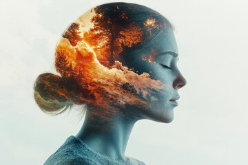 Poster - Woman with flames in her hair standing against a dark background in a dramatic artistic portrayal