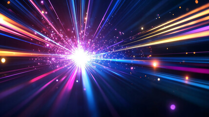 Poster - Dynamic burst of colorful light rays and particles radiating from a central point against a dark background, creating a sense of energy and