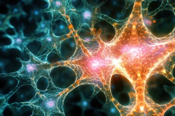 Poster - Intricate network of neurons illuminated in vibrant colors showcasing synaptic connections