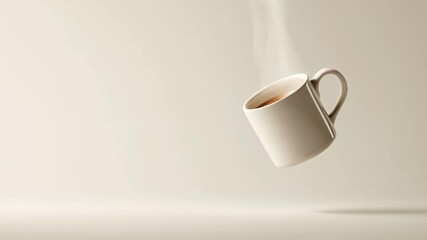 Aufkleber - White mug with steaming coffee levitating on empty background, creating a surreal and minimalist atmosphere, perfect for advertising or conceptual projects