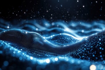 Fototapete - Digital waves created by flowing light particles under a starry night sky in a virtual landscape