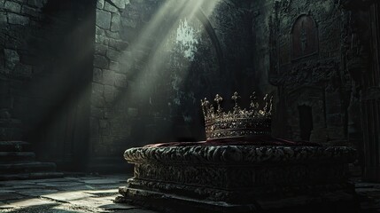 Canvas Print - A kingâ€™s crown resting on a stone throne in a dimly lit royal chamber. 