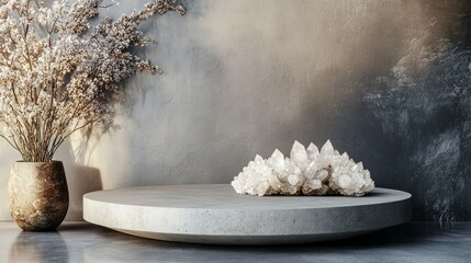Poster - In a serene indoor space, a concrete podium elevates a breathtaking display of crystals, surrounded by soft, muted tones and a lovely bouquet of flowers, creating a tranquil atmosphere