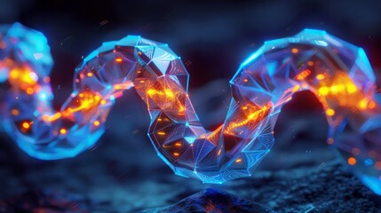 Leinwandbilder - A dynamic geometric sculpture resembles a flowing snake made of translucent shapes with glowing orange accents set against a contrasting dark background.