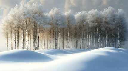 Snowy Birch Forest Landscape with Rolling Hills and Cloudy Sky