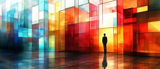 Poster - A lone figure stands in a vast room filled with colorful, translucent blocks. Warm lighting creates reflections on the floor, enhancing the vibrant