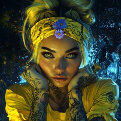 Poster - Hyperdetailed abstract surreal art scene showcasing a young woman with neon yellow hair tattooed arms and a cornflower headband enveloped in a mesmerizing dark fractal environment