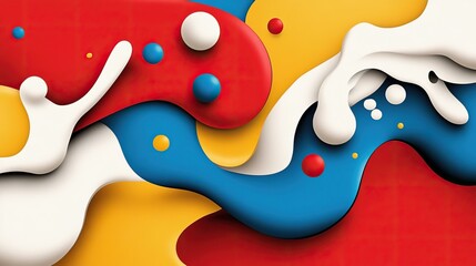 Wall Mural - Abstract Colorful Liquid Shapes with Splashes and Dots: Red, Blue, Yellow, and White Swirls, a Dynamic and Playful Composition