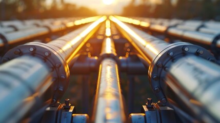 Leinwandbilder - Metal pipelines stretch into the horizon, reflecting the warm light of the setting sun while highlighting the structure of an industrial site