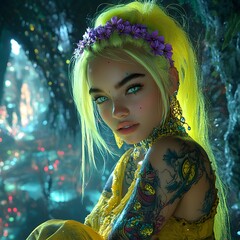 Poster - Hyperdetailed abstract surreal art scene showcasing a young woman with neon yellow hair tattooed arms and a cornflower headband enveloped in a mesmerizing dark fractal environment