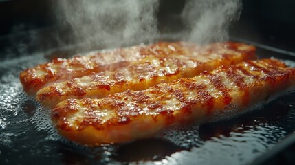 Sticker - Close up of three sizzling pieces of fried meat on a dark griddle, with steam rising. The meat is golden brown and appears crispy. The background is