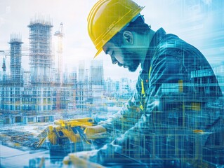 Aufkleber - Construction worker using a laptop at a building site during a break from work activities