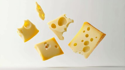 Aufkleber - Different sizes of delicious swiss cheese pieces levitating on a minimalist white background, creating a visually appealing composition with a focus on the texture and holes of the cheese