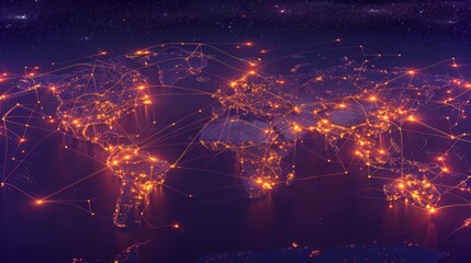 Poster - Bright lines connect cities around the world, showcasing data flow and global connectivity. The dark background highlights the illuminated pathways linking various regions at night.