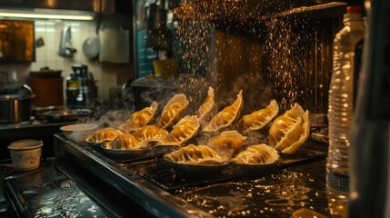 Sticker - Close up of golden brown dumplings steaming on a dark metal surface, glistening with water droplets, in a busy kitchen setting. Sparks fly as water