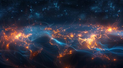 Aufkleber - A vibrant view of the world at night, revealing glowing cities and interconnected regions that display global energy consumption and urban areas. Dark regions illustrate uninhabited landscapes.