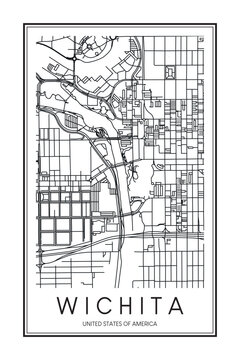 Printable downtown road map poster of the USA city of WICHITA on solid white background with city name