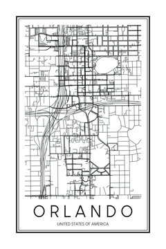 Printable downtown road map poster of the USA city of ORLANDO on solid white background with city name