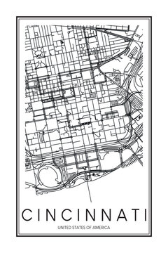 Printable downtown road map poster of the USA city of CINCINNATI on solid white background with city name
