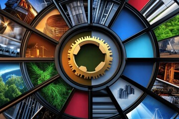 Poster - Clock face displaying various architectural images of different buildings in a creative arrangement